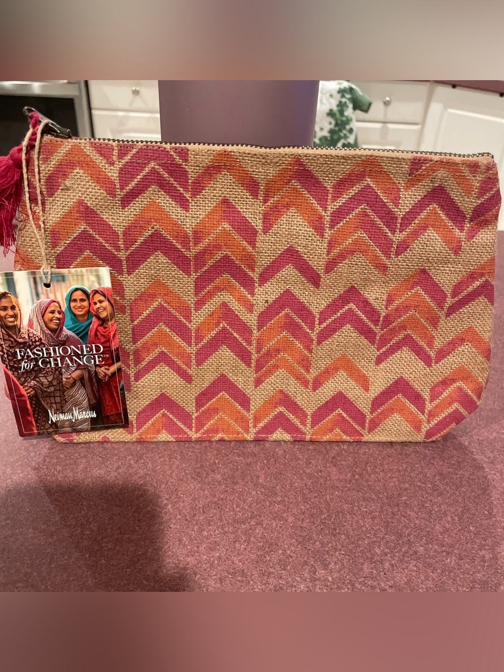 Neiman Marcus Pink Chevron Jute Cosmetic bag pouch. NWT.